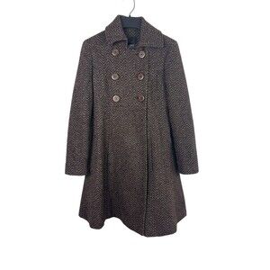 Via Women’s 0P Petite Brown Herringbone Wool Blend Fit & Flare Peacoat Button